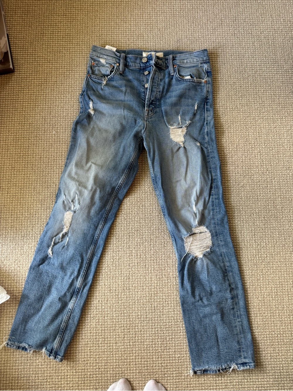 Distressed Mother Blue Straight-Leg Jeans